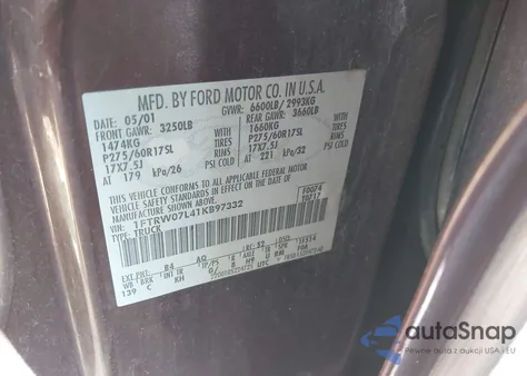 2001 Ford F150 Supercrew z USA, uszkodzony, nr VIN 1FTRW07L41KB97332